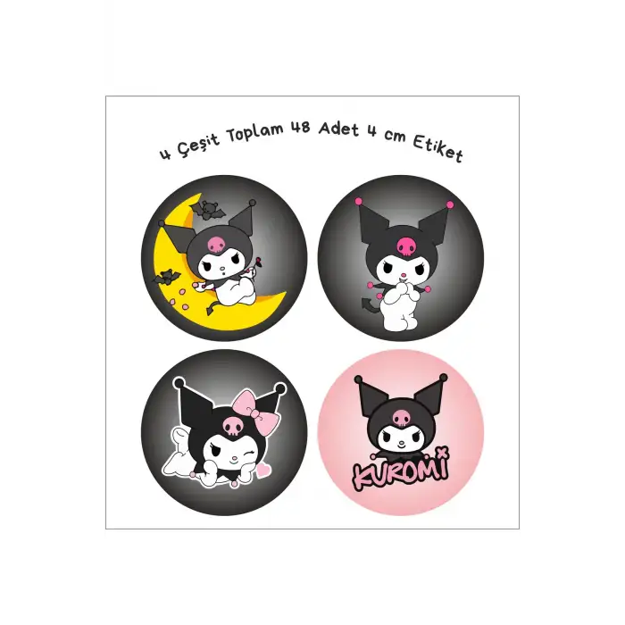 Kuromi Etiket 4 Çeşit Toplam 48 Adet 4cm - Kişiselleştirilebilir - Organizasyon için uygundur.