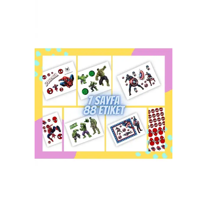 7 Sayfa 88 Adet Süper Kahraman Etiket Sticker Set Spiderman - Hulk - Captain America