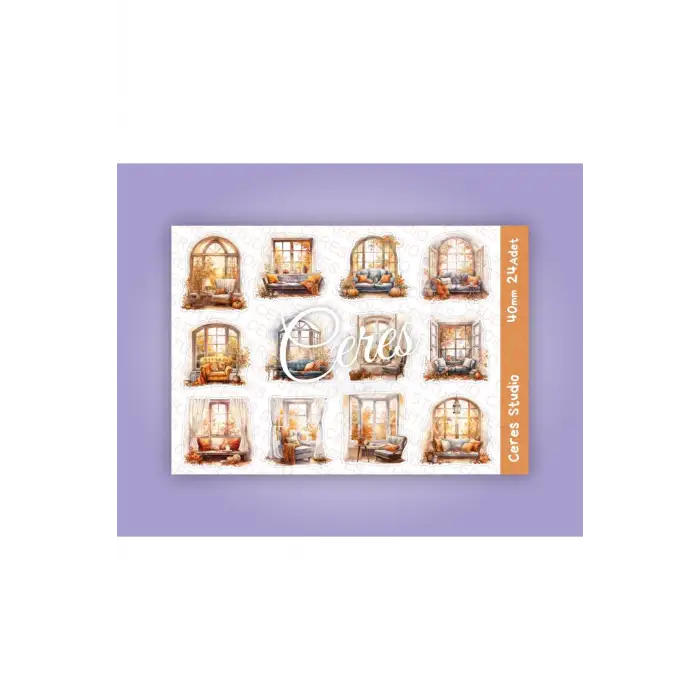 Vintage Pencere İç Mekan Sonbahar Tema Sticker Set 2 Sayfa 24 Adet Etiket Planlayıcı Bullet Journal