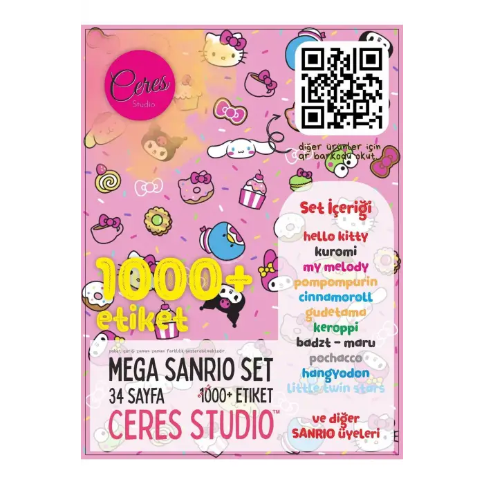 Sanrio Sticker Set Hello Kitty Kuromi Melody Cinnamoroll 34 Syf 1000 Journal Telefon Etiket