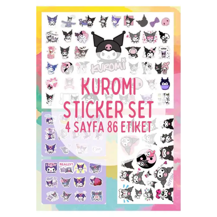 Mini Kuromi Sanrio Sticker Set - 4 Sayfa 86 Adet Etiket