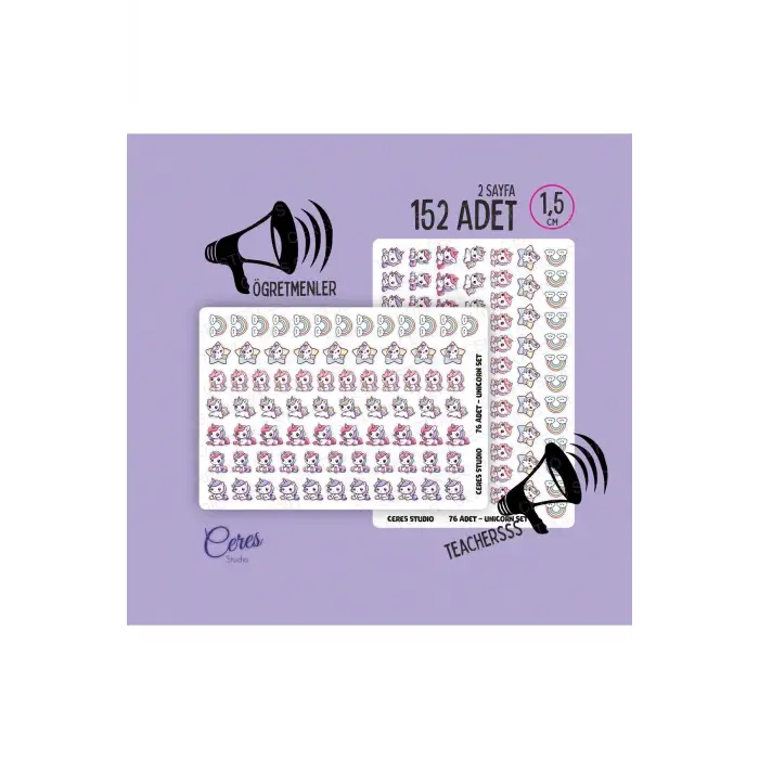 Sevimli Unicorn Sticker Etiket Seti - Laptop Telefon Defter Journal Etiketi