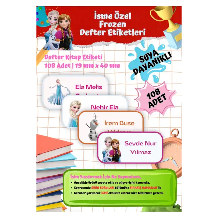 Elsa Frozen Okul Etiketi Defter Etiketi Kitap Etiketi Kişiye Özel Suya Dayanıklı İsim Yazılabilien