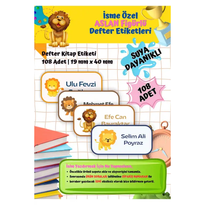 Aslan Figürlü Etiketi Defter Etiketi Kitap Etiketi Kişiye Özel Suya Dayanıklı İsim Yazılabilien