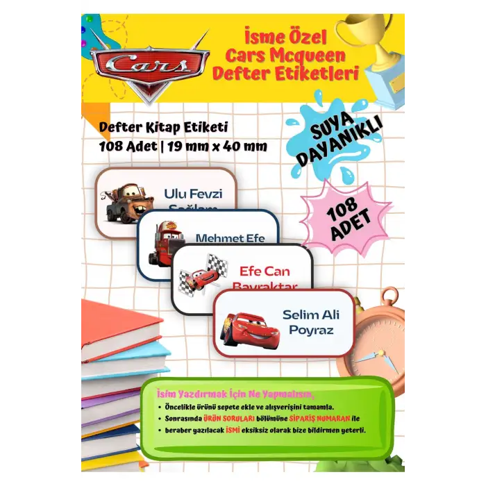 Cars Mcqueen Etiketi Defter Etiketi Kitap Etiketi Kişiye Özel Suya Dayanıklı İsim Yazılabilien