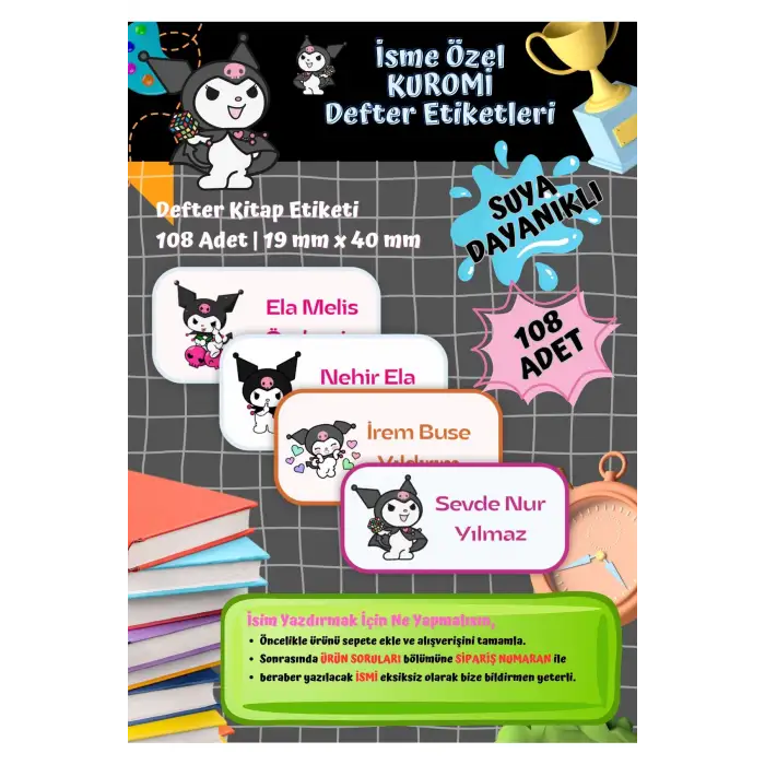 Kuromi Sanrio Etiketi Defter Etiketi Kitap Etiketi Kişiye Özel Suya Dayanıklı İsim Yazılabilien