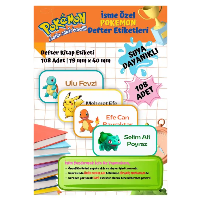 Pokemon Pikachu Etiketi Defter Etiketi Kitap Etiketi Kişiye Özel Suya Dayanıklı İsim Yazılabilien