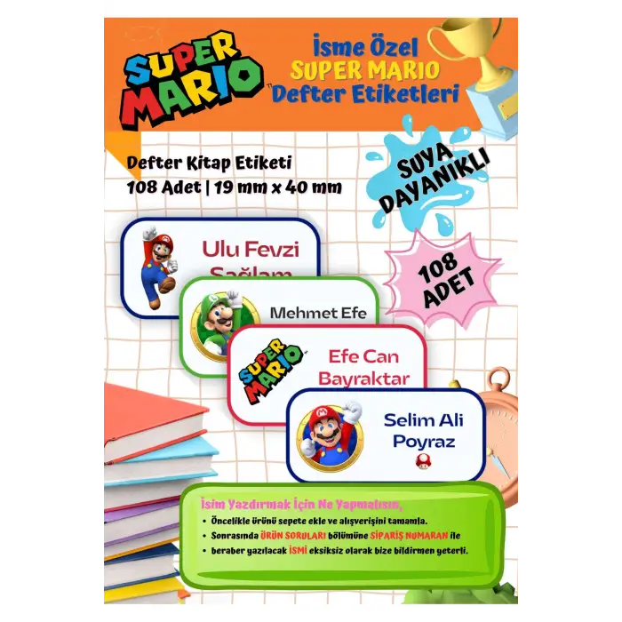 Süper Mario Etiketi Defter Etiketi Kitap Etiketi Kişiye Özel Suya Dayanıklı İsim Yazılabilien