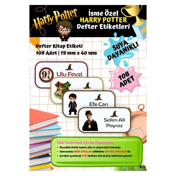 Harry Potter Etiketi Defter Etiketi Kitap Etiketi Kişiye Özel Suya Dayanıklı İsim Yazılabilien