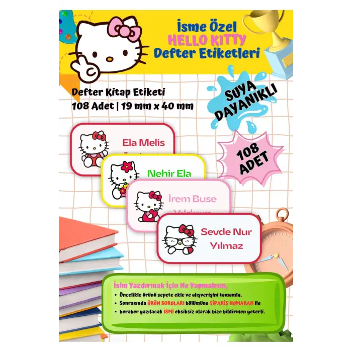Hello Kitty Sanrio Etiketi Defter Etiketi Kitap Etiketi Kişiye Özel Suya Dayanıklı İsim Yazılabilien
