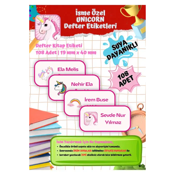 Unicorn Okul Etiketi Defter Etiketi Kitap Etiketi Kişiye Özel Suya Dayanıklı İsim Yazılabilien