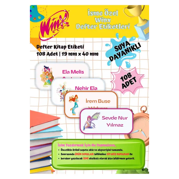 Winx Okul Etiketi Defter Etiketi Kitap Etiketi Kişiye Özel Suya Dayanıklı İsim Yazılabilien