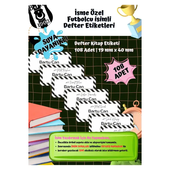 Besiktas Taraftar Etiketi Defter Etiketi Kitap Etiketi Kişiye Özel Suya Dayanıklı İsim Yazılabilien
