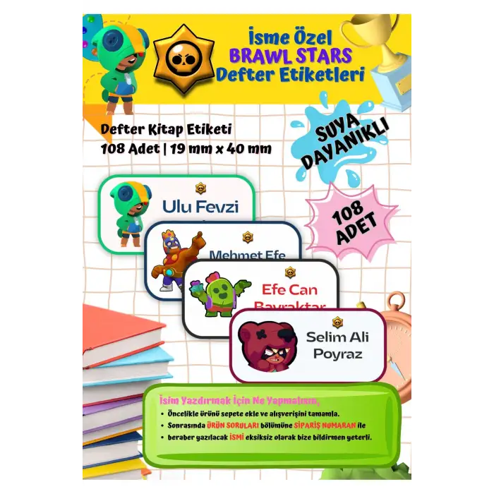 Brawl Stars Etiketi Defter Etiketi Kitap Etiketi Kişiye Özel Suya Dayanıklı İsim Yazılabilien