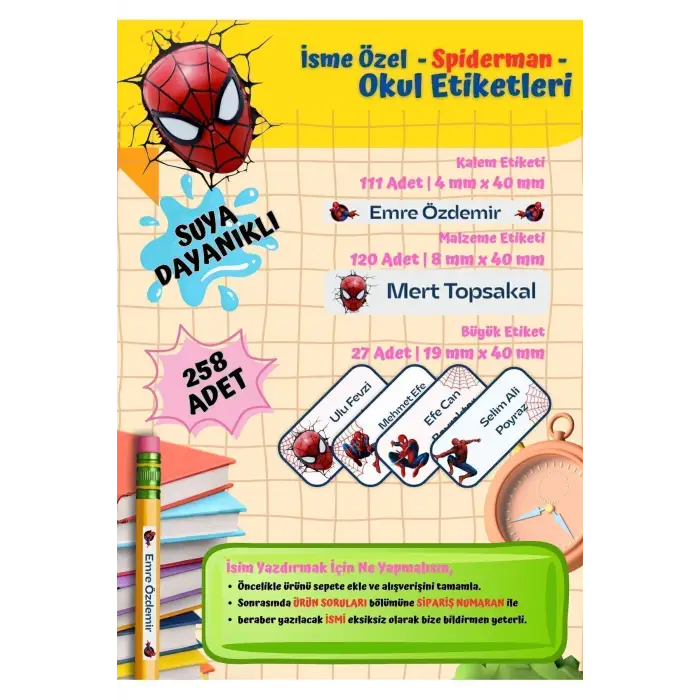 Örümcek Adam Spider Okul Etiketi Kalem Etiketi Kişiye Özel Suya Dayanıklı İsim Yazılabilien