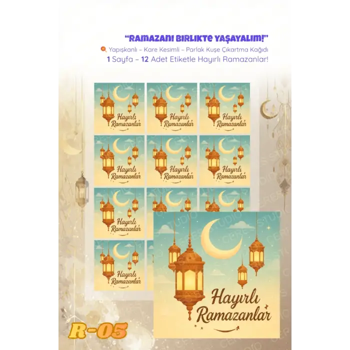 Ramazan Sticker Seti R-05 12 Adet Etiket | Yapışkanlı, Parlak Kuşe Çıkartma Kağıdı