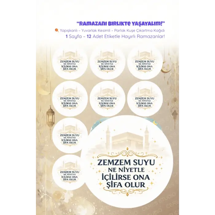 Zemzem Sticker Seti 12 Adet Etiket | Yapışkanlı, Parlak Kuşe Çıkartma Kağıdı