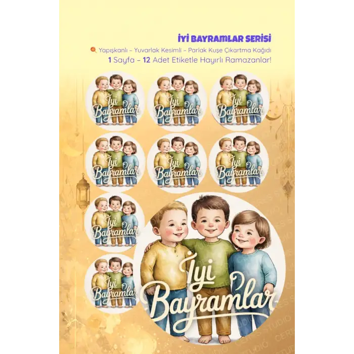 İyi Bayramlar Sticker Seti B-3 12 Adet Etiket | Yapışkanlı, Parlak Kuşe Çıkartma Kağıdı