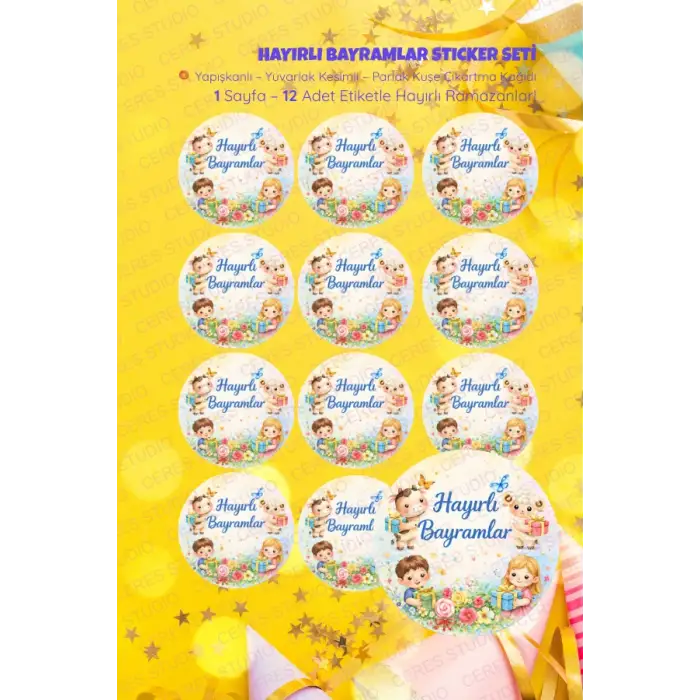 İyi Bayramlar Sticker Seti B-8 12 Adet Etiket | Yapışkanlı, Parlak Kuşe Çıkartma Kağıdı