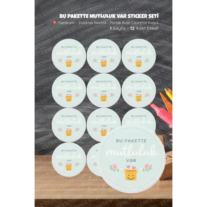 Bu pakette mutluluk var Sticker Seti BU-1 12 Adet Etiket | Yapışkanlı, Parlak Kuşe Çıkartma Kağıdı