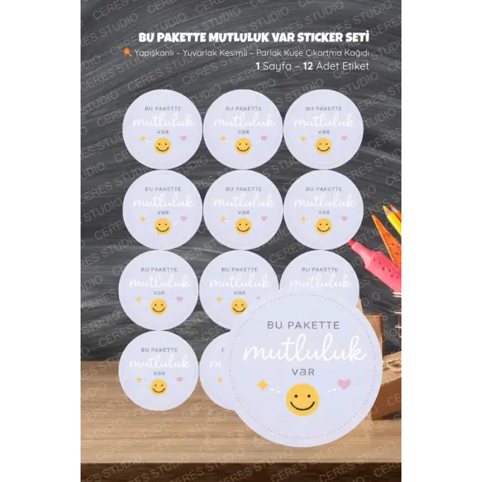 Bu pakette mutluluk var Sticker Seti BU-2 12 Adet Etiket | Yapışkanlı, Parlak Kuşe Çıkartma Kağıdı