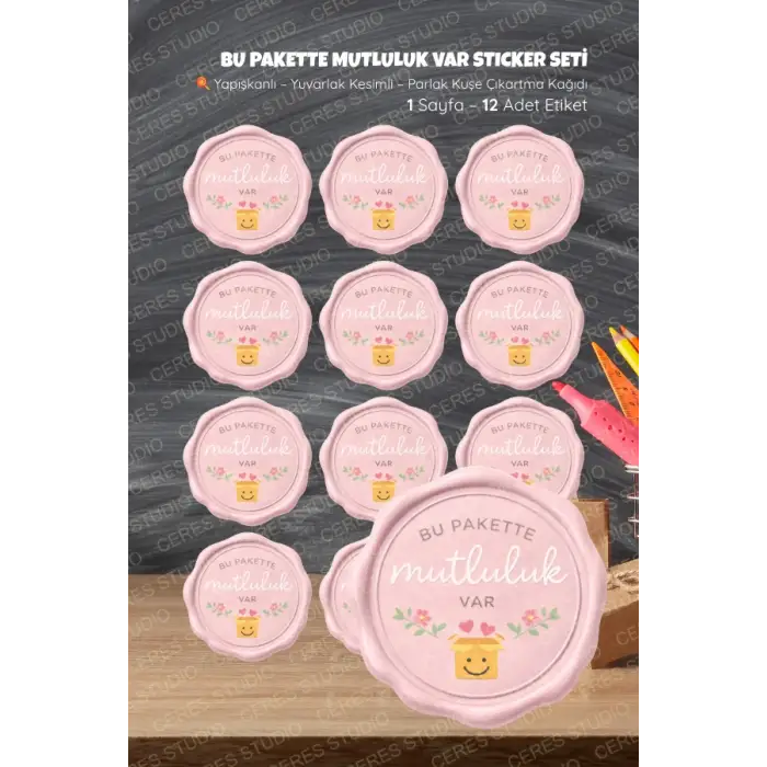 Bu pakette mutluluk var Sticker Seti BU-3 12 Adet Etiket | Yapışkanlı, Parlak Kuşe Çıkartma Kağıdı