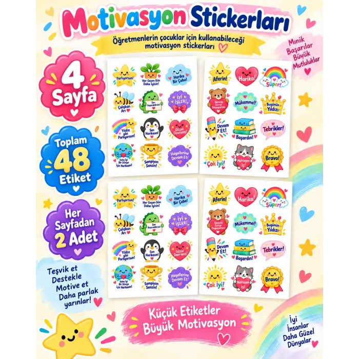 Öğretmen Motivasyon Sticker Seti – 48 Adet 4 Sayfa Renkli Başarı ve Teşvik Etiketi