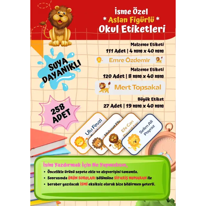 ASLAN Okul Etiketi Defter Etiketi Kalem Etiketi Kişiye Özel Suya Dayanıklı İsim Yazılabilien