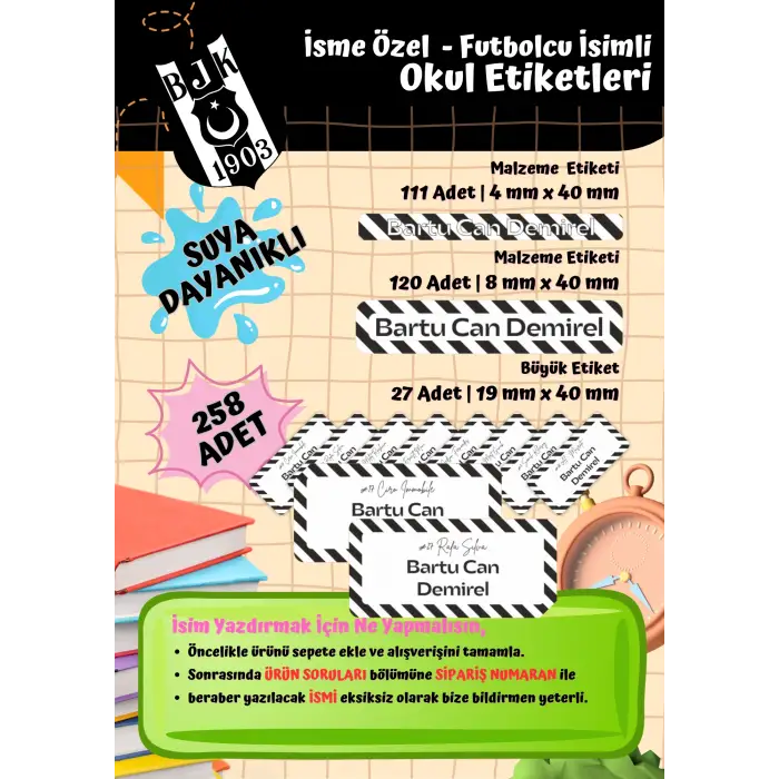 Beşiktaş Taraftar Etiketi Okul Etiketi Defter Etiketi Kalem Etiketi Kişiye Özel Suya Dayanıklı