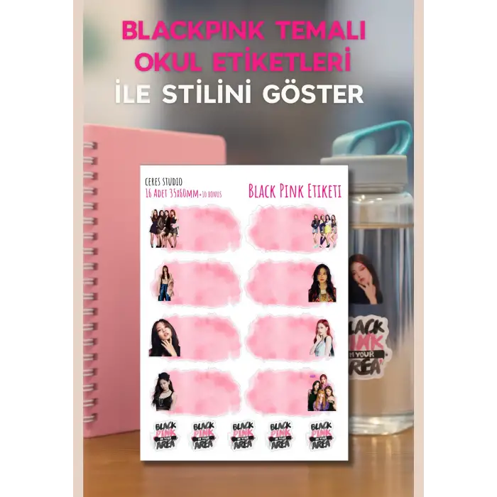 Black Pink Okul Etiketi 16 Adet 35x60mm Etiket + 10 Adet Sticker (2 SAYFA)