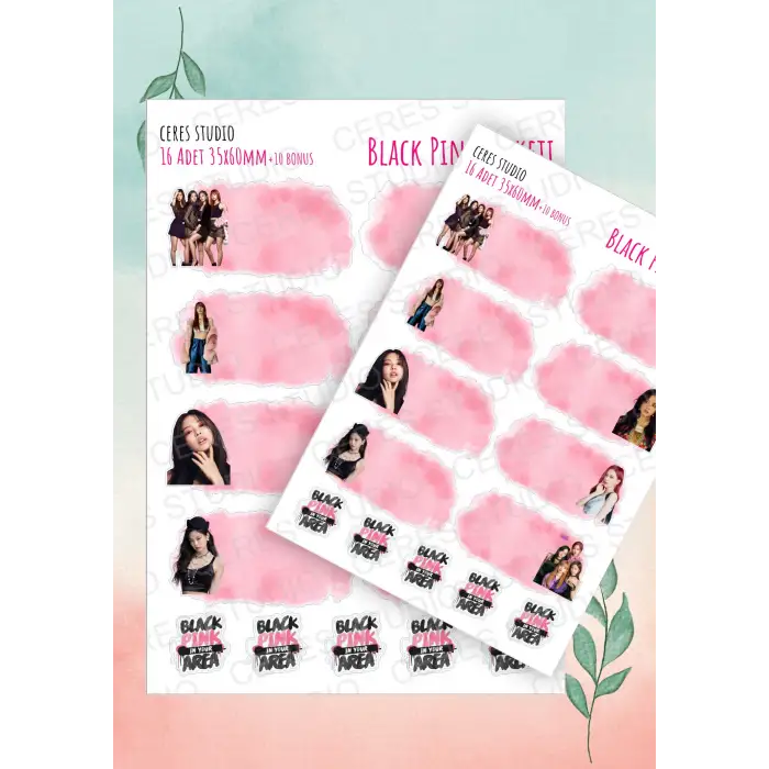 Black Pink Okul Etiketi 16 Adet 35x60mm Etiket + 10 Adet Sticker (2 SAYFA)