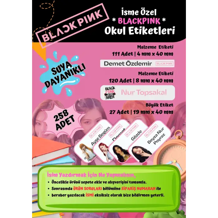 Blackpink Okul Etiketi Defter Etiketi Kalem Etiketi Kişiye Özel Suya Dayanıklı İsim Yazılabilien