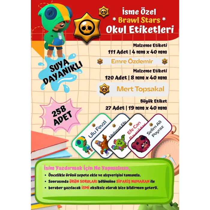 BRAWL STARS Okul Etiketi Defter Etiketi Kalem Etiketi Kişiye Özel Suya Dayanıklı İsim Yazılabilien