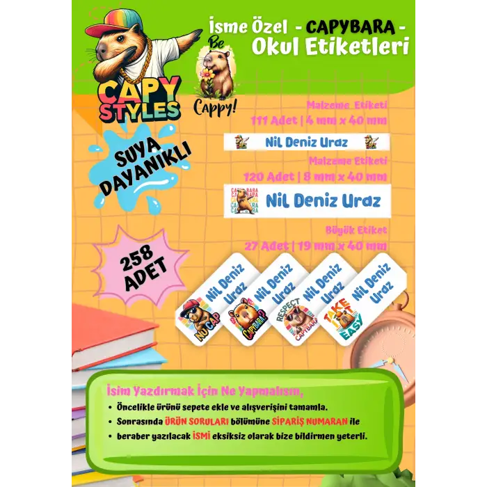 Capybara Temalı Kişiye Özel Suya Dayanıklı Okul Etiketi Seti - 258 Adet İsimli Etiket