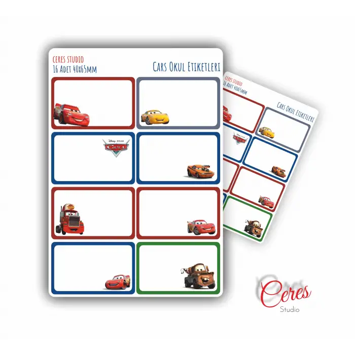 Cars McQueen Okul Etiketi 16 Adet 40x65mm Etiket