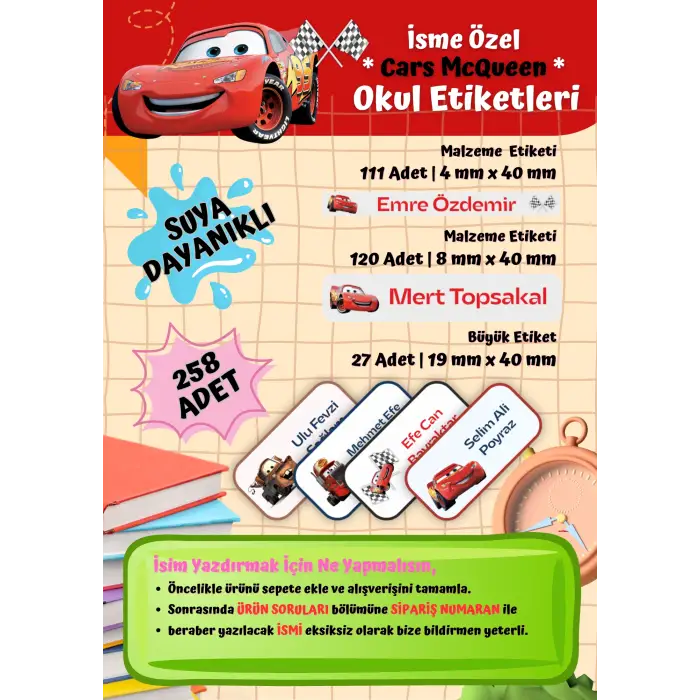 CARS MCQUUEN Okul Etiketi Defter Etiketi Kalem Etiketi Kişiye Özel Suya Dayanıklı İsim Yazılabilien