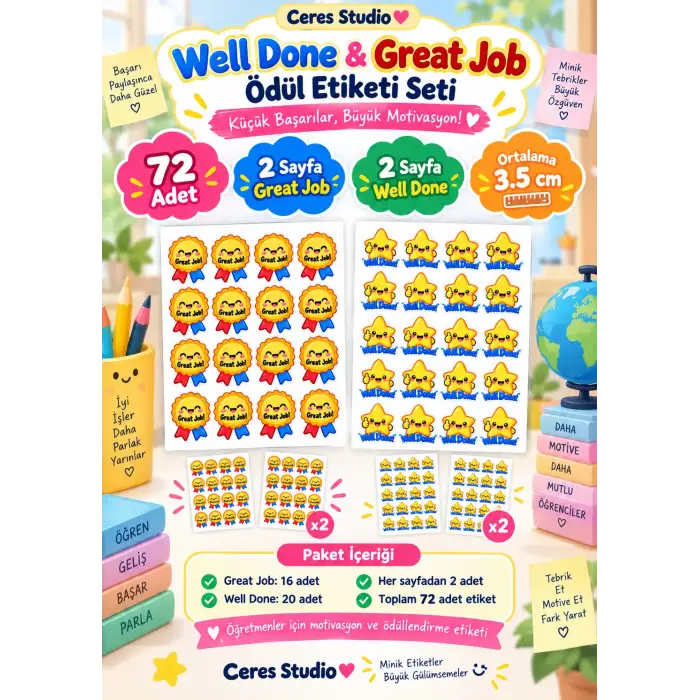 Well Done & Great Job İngilizce Motivasyon Sticker Seti