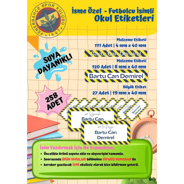 Fenerbahçe Taraftar Etiketi Okul Etiketi Defter Etiketi Kalem Etiketi Kişiye Özel Suya Dayanıklı