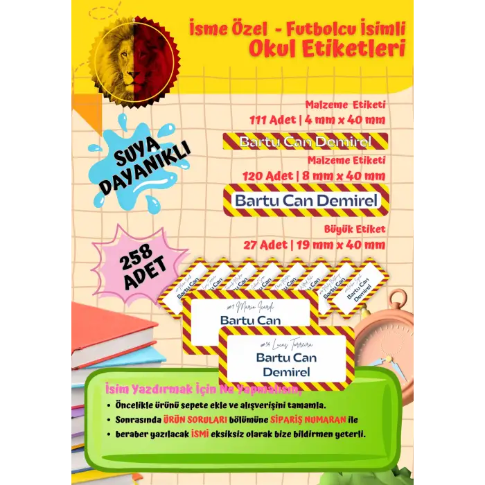 Galatasaray Taraftar Etiketi Okul Etiketi Defter Etiketi Kalem Etiketi Kişiye Özel Suya Dayanıklı