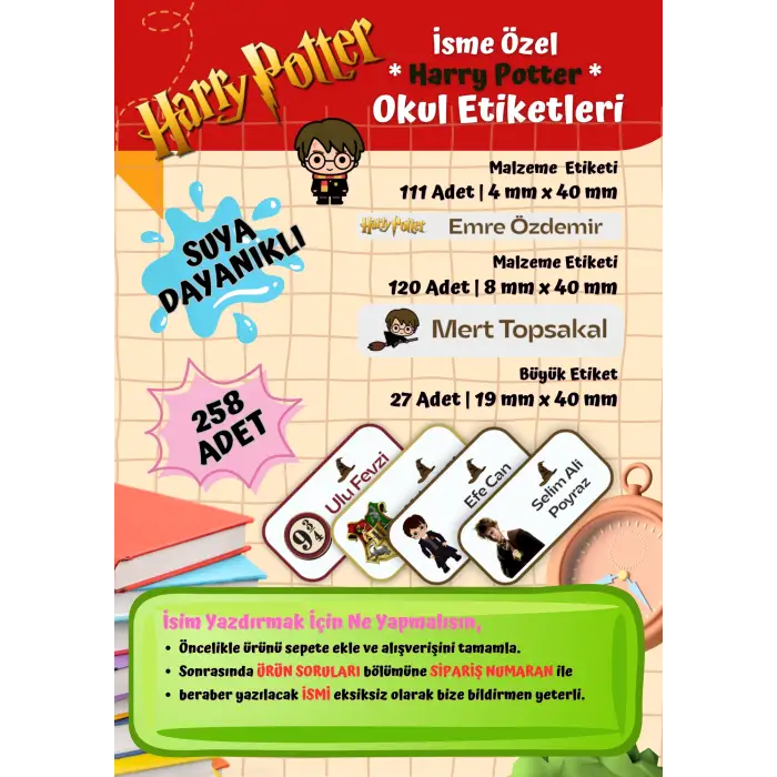 Harry Potter Okul Etiketi Defter Etiketi Kalem Etiketi Kişiye Özel Suya Dayanıklı İsim Yazılabilien