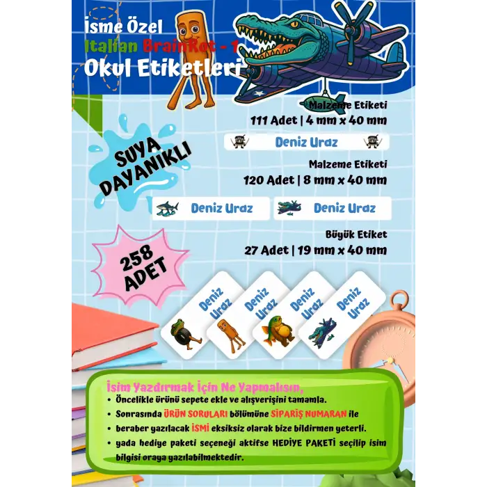 Italian Brainrot (ERKEK) Temalı Kişiye Özel Suya Dayanıklı Okul Etiketi Seti – 258 Adet İsimli Çıkartma