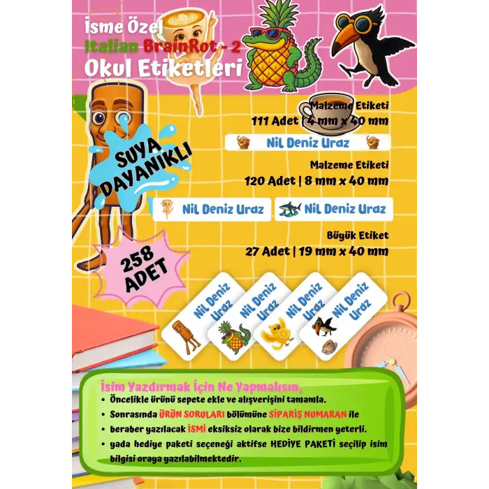 Italian Brainrot (KIZ) Temalı Kişiye Özel Suya Dayanıklı Okul Etiketi Seti – 258 Adet İsimli Çıkartma