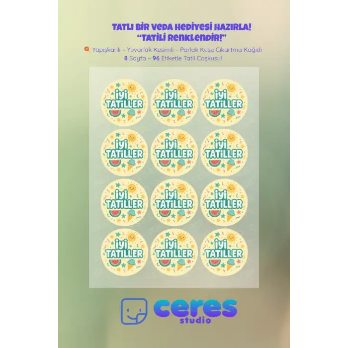 İyi Tatiller Sticker Seti İ9 - 96 Adet Yuvarlak Etiket | Yapışkanlı, Parlak Kuşe Çıkartma Kağıdı