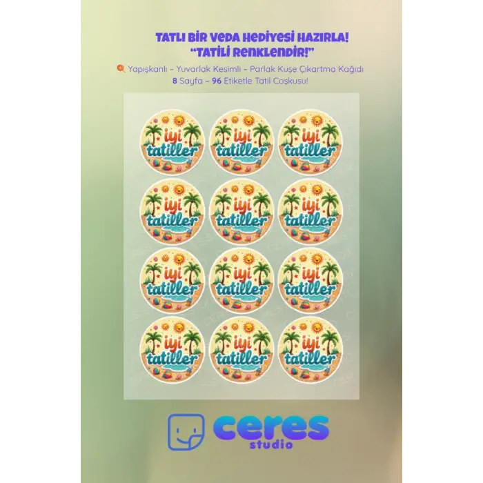 İyi Tatiller Sticker Seti İ6 - 96 Adet Yuvarlak Etiket | Yapışkanlı, Parlak Kuşe Çıkartma Kağıdı