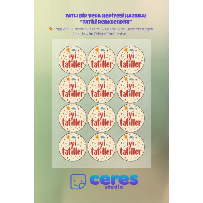 İyi Tatiller Sticker Seti İ3- 96 Adet Yuvarlak Etiket | Yapışkanlı, Parlak Kuşe Çıkartma Kağıdı