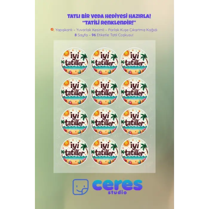 İyi Tatiller Sticker Seti İ8 - 96 Adet Yuvarlak Etiket | Yapışkanlı, Parlak Kuşe Çıkartma Kağıdı