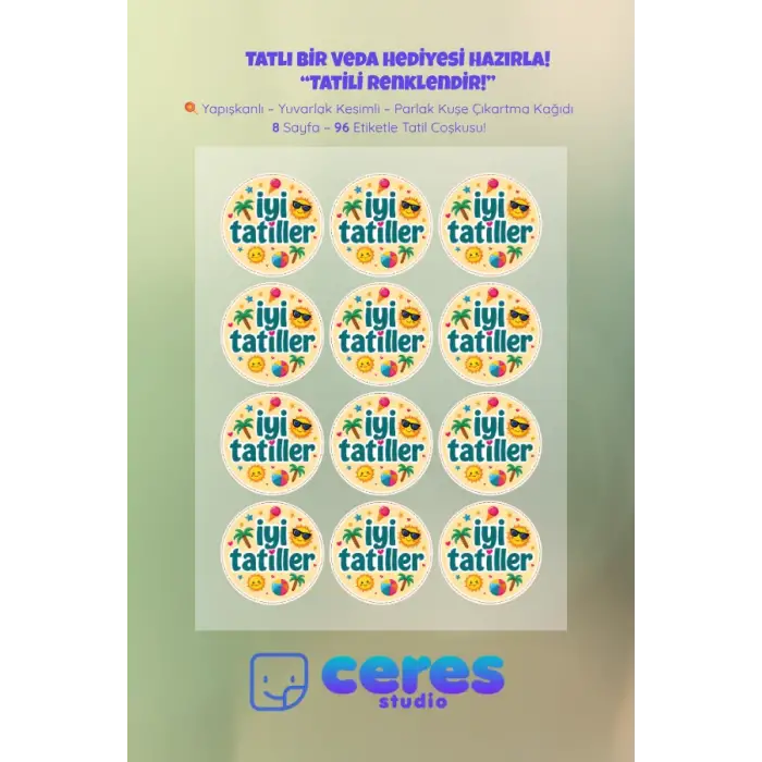 İyi Tatiller Sticker Seti İ7 - 96 Adet Yuvarlak Etiket | Yapışkanlı, Parlak Kuşe Çıkartma Kağıdı