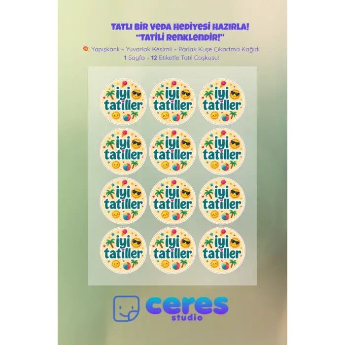 İyi Tatiller Sticker Seti K1- 12 Adet Yuvarlak Etiket | Yapışkanlı, Parlak Kuşe Çıkartma Kağıdı