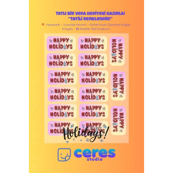 İyi Tatiller Sticker Seti K13- 12 Adet Yuvarlak Etiket | Yapışkanlı, Parlak Kuşe Çıkartma Kağıdı