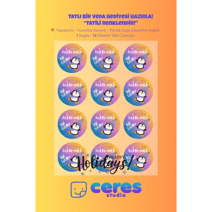 İyi Tatiller Sticker Seti K14- 12 Adet Yuvarlak Etiket | Yapışkanlı, Parlak Kuşe Çıkartma Kağıdı